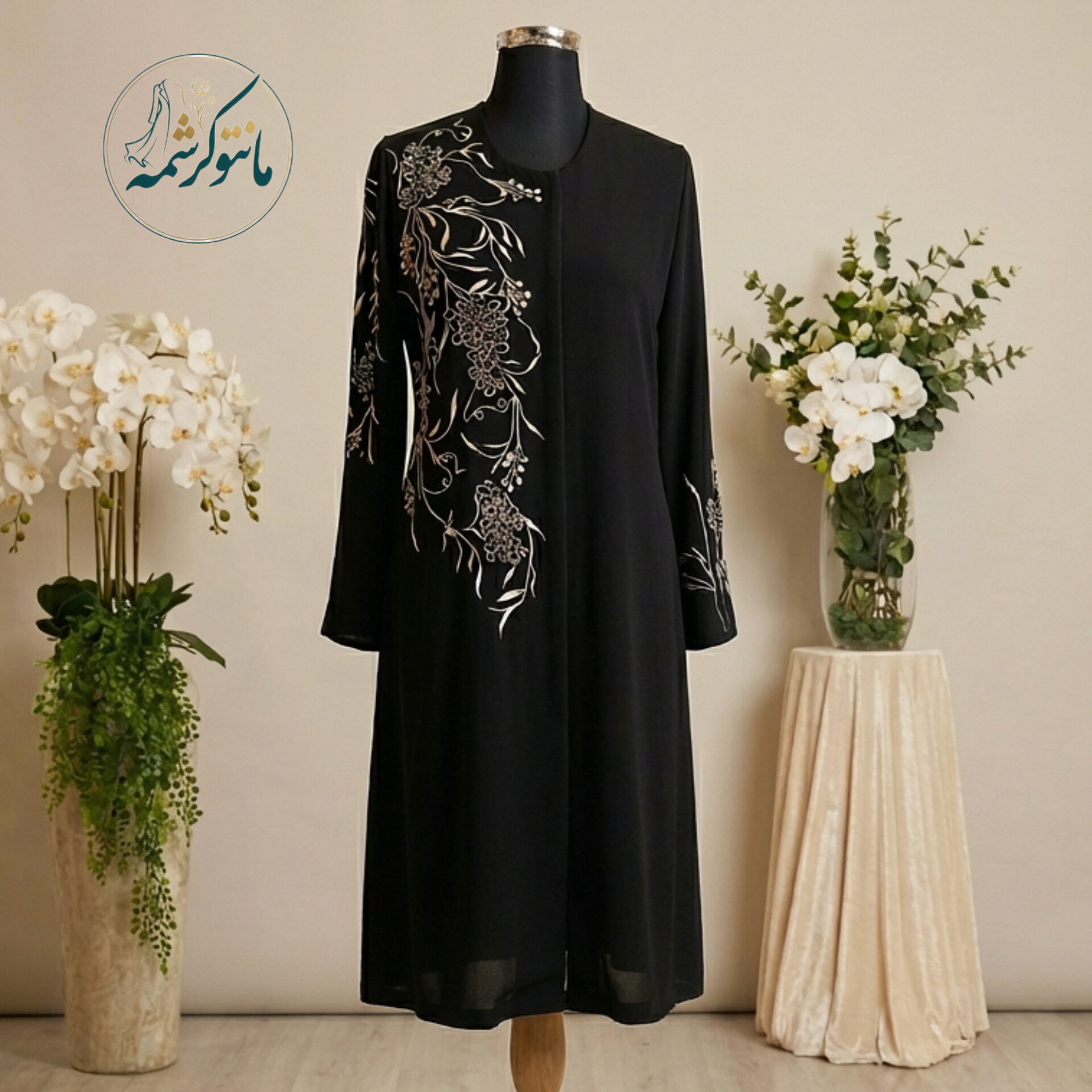 مانتو کرپ مجلسی زنانه Reyhaneh با سوزن‌دوزی برجسته قد ۱۰۲ سانت (دو طرح)