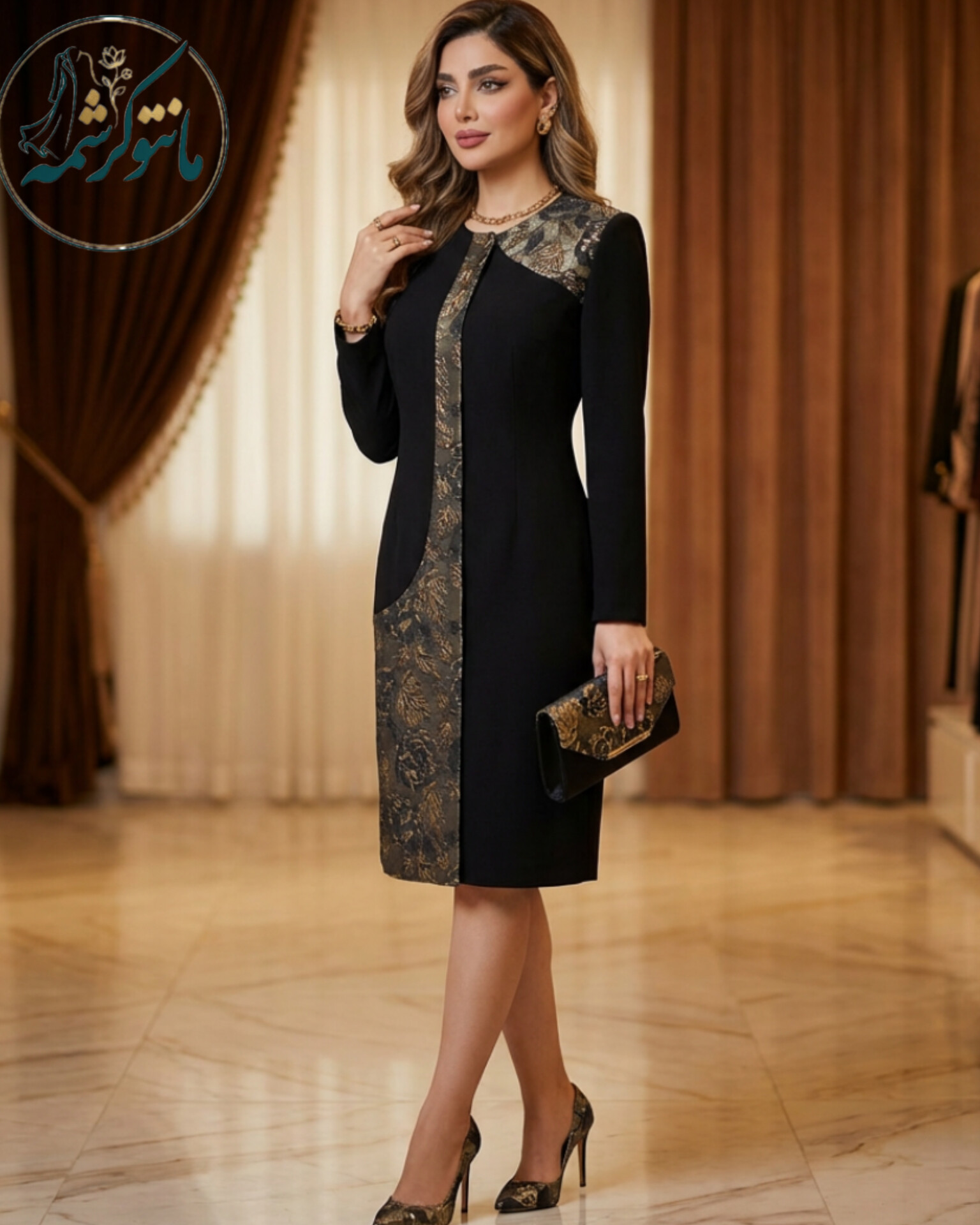 مانتو کرپ مشکی ترکیبی ژاکارد Reyhaneh با قد ۱۱۲ سانت (مدل مجلسی)